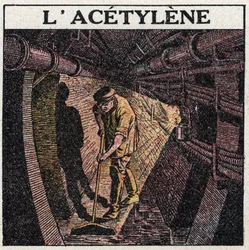 Lichtquellen: Beleuchtung durch Acetylen, das in Trommeln verwendet wird. Anonyme Illustration von 1925. Private Sammlung.