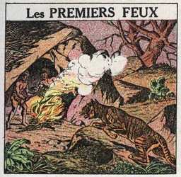Lichtquellen: die ersten Feuer der prähistorischen Menschen. Anonyme Illustration von 1925. Private Sammlung.
