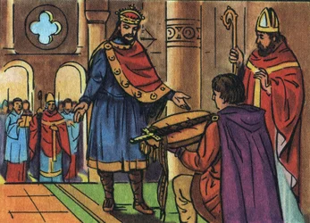 Ludwig I. der Fromme oder der Milde (778-840) erhält sein vom Klerus beschlagnahmtes Schwert zurück. Anonyme Illustration in „Collection des souverains et chefs d