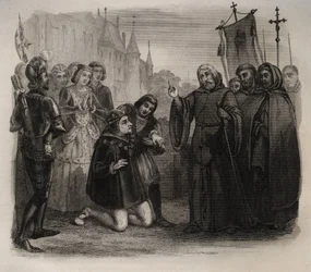 Ludwig XI. (1423-1483) bittet Franz von Paola (1416-1507) um Heilung. Gravur von 1846 in „Lives of the saints“. Private Sammlung.