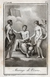 Heirat zwischen Mars und Venus. Gravur von 1819 in „Lettres à Emilie sur la mythologie“ von Charles Albert Demoustier (1760-1801). Private Sammlung