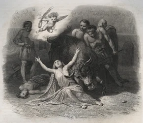 Martyrium der heiligen Blandine von Lyon und Ponticus in der Arena im Jahr 177 während der Verfolgungen der ersten Christen. Gravur von 1846 in „Lives of the saints“. Private Sammlung