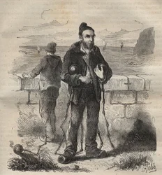 Militärs, die zum Toulon-Bagne im 19. Jahrhundert verurteilt wurden. Gravur in „Histoire des bagnes depuis leur création à nos jours“ (1877) von Pierre Zaccone (1817-1895). Private Sammlung.