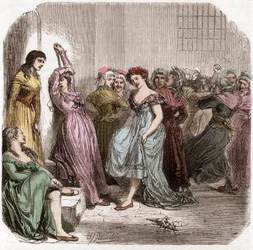 Mme Rolands Inhaftierung im Sainte Pelagie Gefängnis in Paris - Madame Roland (Manon (Jeanne Marie) Roland Philipon) (1754-1793) während ihrer Haft im Sainte-Pelagie 1793 - Gravur in „Histoire des Girondins“ von Alphonse de Lamartine (1790-1869) 1865-1866