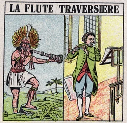 Musikinstrumente: Blasinstrumente. Querflötenspieler zur Zeit der Inkas und in einer späteren Epoche. Anonyme Illustration von 1925. Private Sammlung.