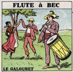 Musikinstrumente: Blasinstrumente. Galoubet-Spieler (Blockflöte). Anonyme Illustration von 1925. Private Sammlung.