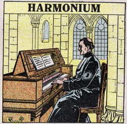 Musikinstrumente: Blasinstrumente bei der Hüfte. Harmoniumspieler in einer Kirche. Anonyme Illustration von 1925. Private Sammlung.