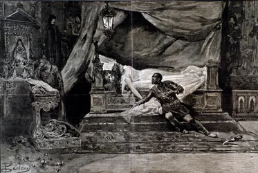 Otello tötet sich selbst neben dem Körper von Desdemona. Illustration der letzten Szene von Otello, Oper von Giuseppe Verdi