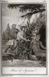 Pan und die Nymphe Syrinx, die in Schilfrohr verwandelt wird. Gravur von 1819 in „Lettres à Emilie sur la mythologie“ von Charles Albert Demoustier (1760-1801). Private Sammlung