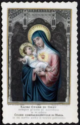 Andachtsbild: Jesus als Kind in den Armen seiner Mutter Maria, mit dem Heiligen Herzen (Stich)