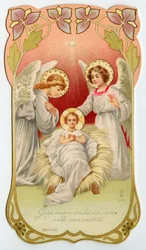 Andachtsbild: Geburt Jesu mit zwei Engeln (Chromolithografie)