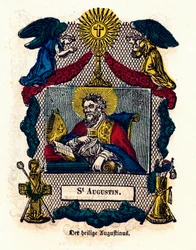 Andachtsbild: Heiliger Augustinus (Augustinus von Hippo (354 - 430), Bischof und Kirchenlehrer, Autor der Regel des heiligen Augustinus und der Bekenntnisse). Gravur des 19. Jahrhunderts