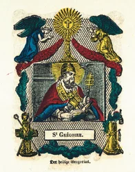 Andachtsbild: Heiliger Gregor I. der Große. Gravur des 19. Jahrhunderts