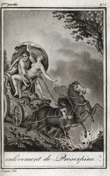 Pluto (Hades) nimmt Persephone (Proserpina) vor ihrer Mutter Ceres (Demeter) und bringt sie ins Reich der Unterwelt. Pluto entführt Persephone in sein Reich, die Unterwelt, in der griechischen Mythologie. Gravur von 1819 in „Lettres a Emilie sur la mytholo