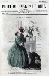 Politische und soziale Karikatur während des Zweiten Kaiserreichs. „Auf See“: Ein Paar, das die Seemannssprache nicht kennt, denkt albern, dass die Besatzung seltsam ist. Gravur in „Petit Journal pour Rire“