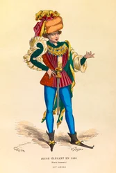 Porträt und Kostüm eines jungen Eleganten in Paris im Jahr 1480, Gravur, Private Sammlung