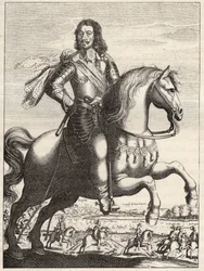 Porträt von Bernhard von Sachsen-Weimar (1604-1639) mit der Darstellung der Gefangennahme von Johann von Werth durch Herzog Bernhard und Herzog von Rohan. Gravur aus dem 17. Jahrhundert. Privatbesitz