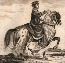 Porträt von Karl IV. der Schöne (1294-1328), König von Frankreich. Gravur von 1859 in „Le Monde. Geschichte aller Völker von den frühesten Zeiten bis zur Gegenwart“ von M. E. de Lostalot-Bachoue. Private Sammlung