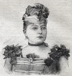 Porträt von Eugenie Weiss, bekannt als Jenny Baroness von Rahden, Mitglied der brasilianischen Zirkustruppe und Autorin des Buches „Der Roman der Kunstreiterin“, von ihrem Ehemann getötet. Stich in „Le Petit Parisien“ vom 3/09/1893.