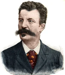 Porträt des französischen Schriftstellers Guy de Maupassant (1850-1893). Stich in „Le Petit Parisien“
