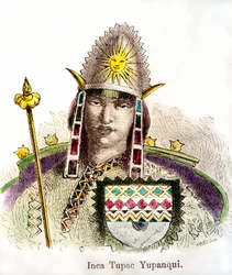 Porträt des Inka-Kaisers Tupac Yupanqui (regierte von 1471-1493). Kupferstich des 19. Jahrhunderts. Private Sammlung