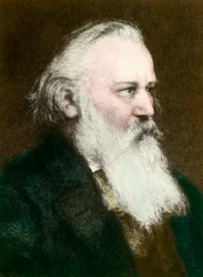 Porträt von Johannes Brahms (1833-1897), deutscher Komponist (Stich, 19. Jahrhundert, private Sammlung)
