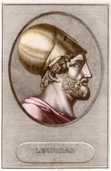 Porträt von Leonidas I., König von Sparta (491 v. Chr. - 480 v. Chr.). Gravur. Private Sammlung.