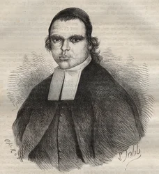 Porträt von Louis Bonafous, mit Ordensnamen Frère Léotade, angeklagt wegen Vergewaltigung und Mordes. Er starb am 27. Jan. 1850 im Bagno von Toulon. Stich in "Histoire des bagnes depuis leur création à nos jours" (1877) von Pierre Zaccone (1817-1895)