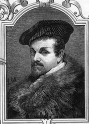 Porträt von Pier Francesco Mazzucchelli, genannt il Morazzone (1573-1626), italienischer Maler. Gravur von 1859 in „Die Galerien Europas - Italien“ von Armengaud. Private Sammlung.