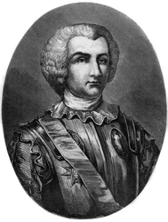 Porträt von Thomas Arthur (1702-66) Earl of Lally - Porträt des Marquis Thomas Arthur, Baron de Tollendal, Earl of Lally (1702-1766), französischer General irischer Herkunft - Gravur von 1863 in „The Red Book - History Of The Scaffold in France“ von Dupray