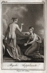 Psyche bettelt. Gravur von 1819 in „Lettres à Emilie sur la mythologie“ von Charles Albert Demoustier (1760-1801). Privatsammlung.