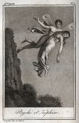 Psyche wird von Zephyr entführt. Gravur von 1819 in „Lettres à Emilie sur la mythologie“ von Charles Albert Demoustier (1760-1801). Private Sammlung