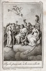 Psyche wird dem himmlischen Hof vorgestellt. Gravur von 1819 in „Lettres à Emilie sur la mythologie“ von Charles Albert Demoustier (1760-1801). Private Sammlung