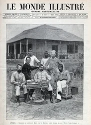Empfang von Leutnant Mizon durch Frederick Bedford (1838-1913), Generalagent der Royal Niger Company. Der französische Entdecker Louis Alexandre Antoine Mizon (1853-1899) während seiner Reise nach Westafrika. Eine Zeitung. Gravur in „Le monde illustré“ von