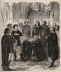 Empfang eines Illuminaten (geheime Gesellschaft) - Illuminaten von Bayern - Gravur von 1879 in Histoire des sociétés secrètes, politiques et religieuses von Pierre Zaccone (1817-1895)