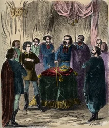 Empfang eines Illuminaten (geheime Gesellschaft) - Empfang eines Illuminaten (Illuminati) - Illuminaten von Bayern (der Illuminatenorden) 1879 (Gravur)