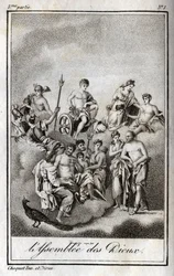 Darstellung der Versammlung der Götter auf dem Olymp oder der Zwölf Olympier. Gravur von 1819 in „Lettres à Emilie sur la mythologie“ von Charles Albert Demoustier (1760-1801). Private Sammlung.