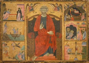 Der heilige Petrus auf einem Thron, umgeben von biblischen Szenen