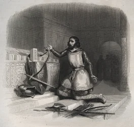 Heiliger Wilhelm von Aquitanien (Guilhem von Gellone) (ca. 750/755-812/815) legt seine Waffen auf das Grab des heiligen Julian des Märtyrers in Brioude. Gravur von 1846 in „Lives of the saints“. Private Sammlung.