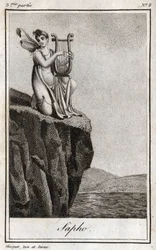 Sappho (7. Jahrhundert v. Chr.), griechische Dichterin der Antike. Gravur aus 1819 in „Lettres à Emilie sur la mythologie“ von Charles Albert Demoustier (1760-1801). Private Sammlung