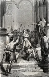 Saturnin von Toulouse (Saint Sernin, erster christlicher Bischof von Toulouse) (3. Jahrhundert) wurde am Kapitol von Toulouse festgenommen - Gravur von 1846 in „Lives des saints“. Private Sammlung.