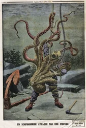 Taucher von einem Oktopus angegriffen. Gravur in „Le Petit Journal“, am 16.06.1912. Private Sammlung.