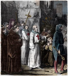 Hinrichtung der Templer: Jacques de Molay, Großmeister des Templerordens, und mehrere seiner Gefährten werden der Häresie und Ausschweifungen beschuldigt und am 4. März hingerichtet