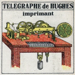 Telegraf: Elektrischer Telegrafendrucker von David Edward Hughes (1831-1900). Anonyme Illustration von 1925. Private Sammlung.