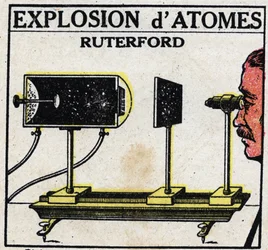 Das Atom und die Wissenschaft: Explosion von Atomen durch Ernest Rutherford. Anonyme Illustration von 1925. Private Sammlung.