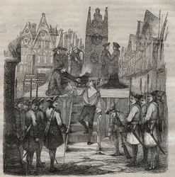 Der Chevalier Francois-Jean Lefebvre de La Barre auf dem Weg zum Schafott im Jahr 1766. Gravur in „Histoire des bagnes depuis leur création à nos jours“ (1877) von Pierre Zaccone (1817-1895).