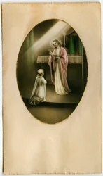 Die Eucharistie, Heilige Kommunion, das Sakrament des Altars: ein Kind vor Jesus (Gravur)