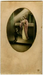 Die Eucharistie, Heilige Kommunion, das Sakrament des Altars: ein Kind vor Jesus (Gravur)