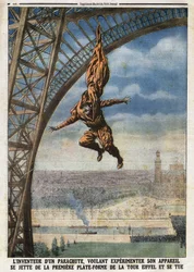 Der französische Schneider österreichischer Herkunft Franz (oder François) Reichelt (1879-1912), Erfinder eines Fallschirms, der sein Fluggerät ausprobieren will, stürzt sich von der ersten Plattform des Eiffelturms und tötet sich. Gravur in „Le Petit Jour