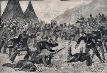 Der Indianeraufstand in den Vereinigten Staaten: ein Kampf zwischen Sioux-Indianern und amerikanischen Truppen. Gravur in „Le petit Parisien“ von 1891. Private Sammlung.